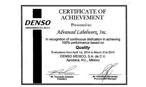 Certificate of Achievement for Quality from DENSO MEXICO, S.A. de C.V.